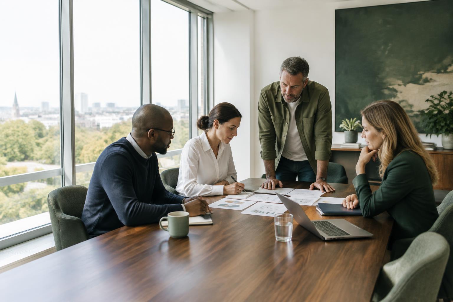 Equipo empresarial analizando su estrategia en una reunión de trabajo